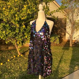 FOREVER 21 BLACK SPANGLE SEQUIN MINI BACKLESS HALTER DRESS 21 Size L EUC